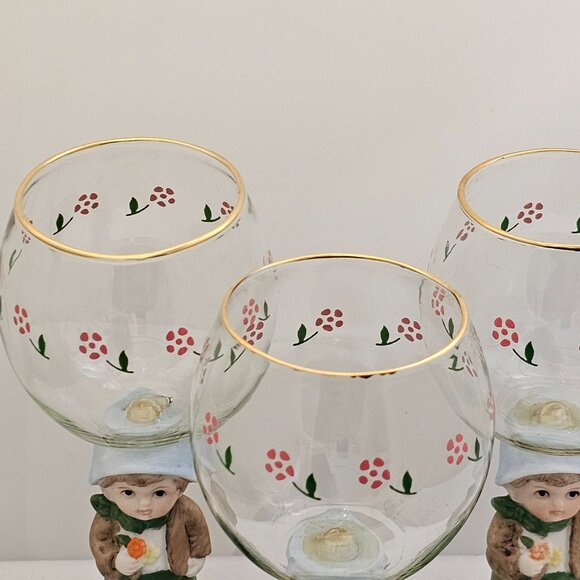 1980s Porcelain Figurine Wine Glasses set-3 by JSNY Taiwan whimsical sweet wine - Picture 7 of 14